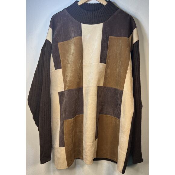 Koman Other - Koman Sport Mens Color Block Sweater Beige Brown Faux Suede Patchwork XL vintage